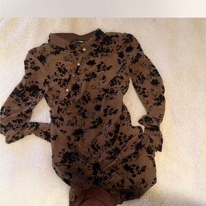 Fashion Nova Tan and Black Floral Long Sleeve Dress